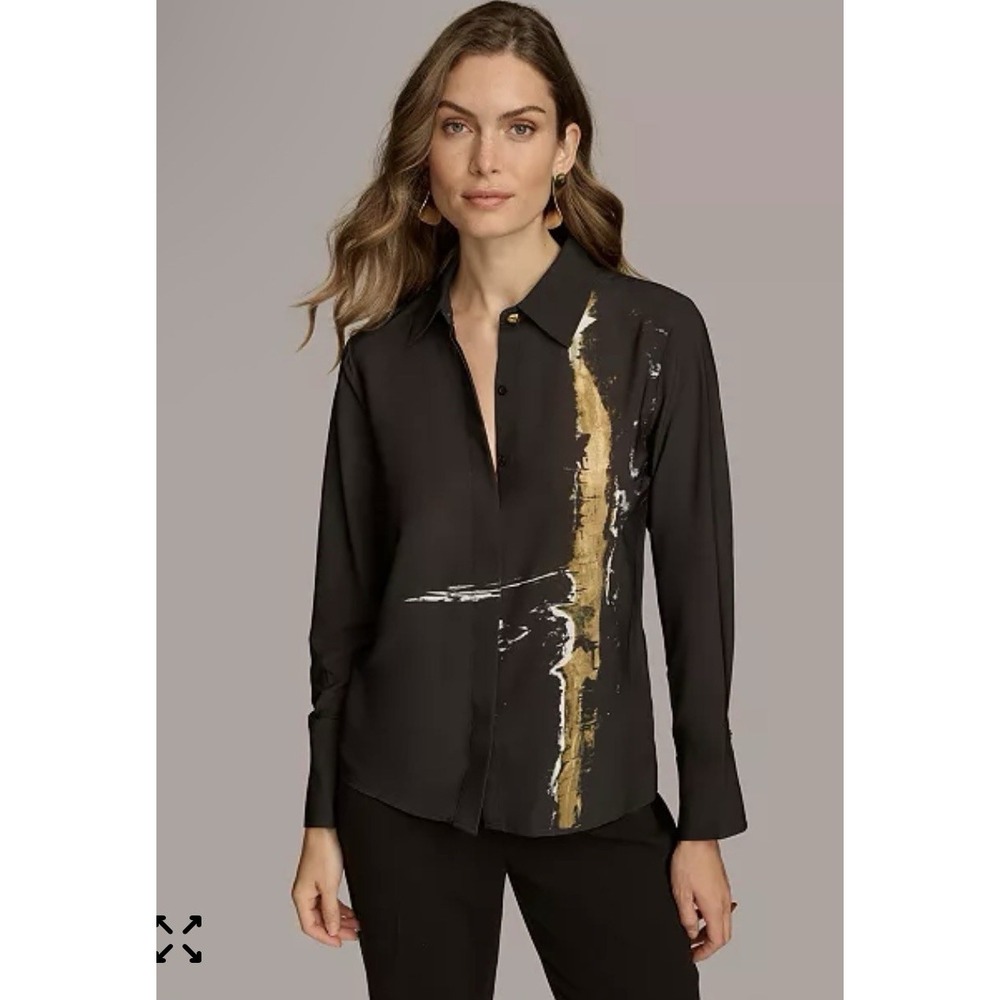 Donna Karan Black Button-Down Shirt with Gold and White Print